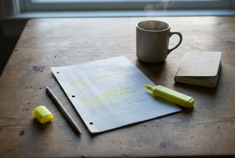 A handwritten time-audit page on a kitchen table at dawn, half-hour rows filled in pencil with some rows highlighted in yellow, next to a steaming mug and a small notebook, soft mor
